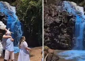 Casal é processado por pintar cachoeira em chá revelação e MP exige indenização de R$ 190 mil